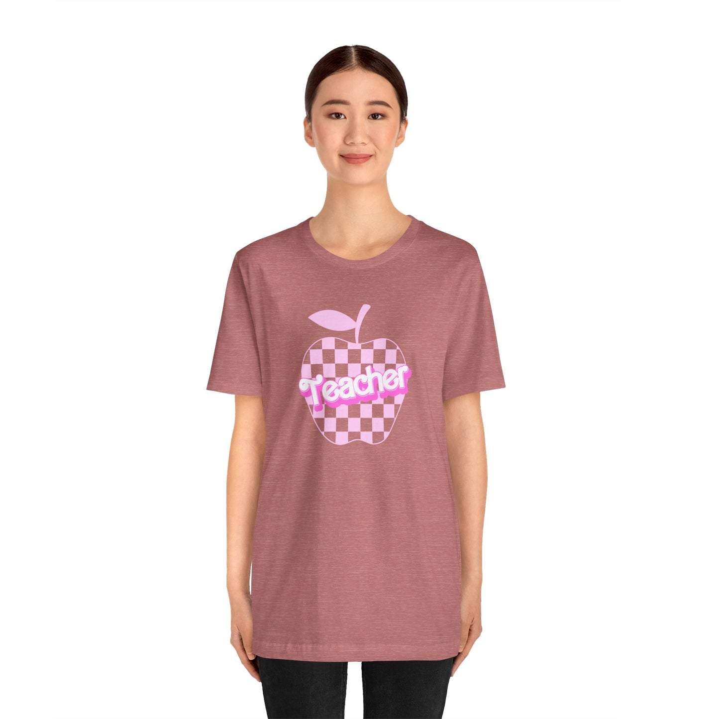 Checkered Apple Teacher Doll Font Tee