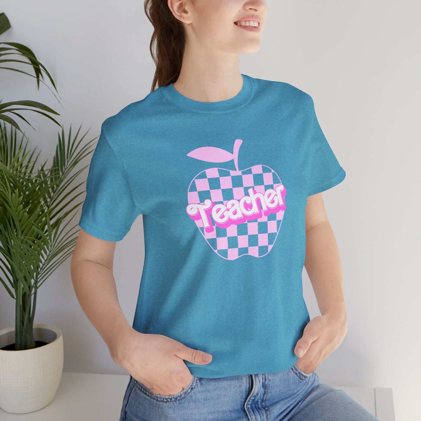 Checkered Apple Teacher Doll Font Tee