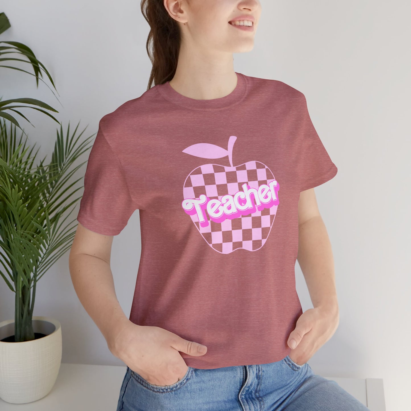 Checkered Apple Teacher Doll Font Tee