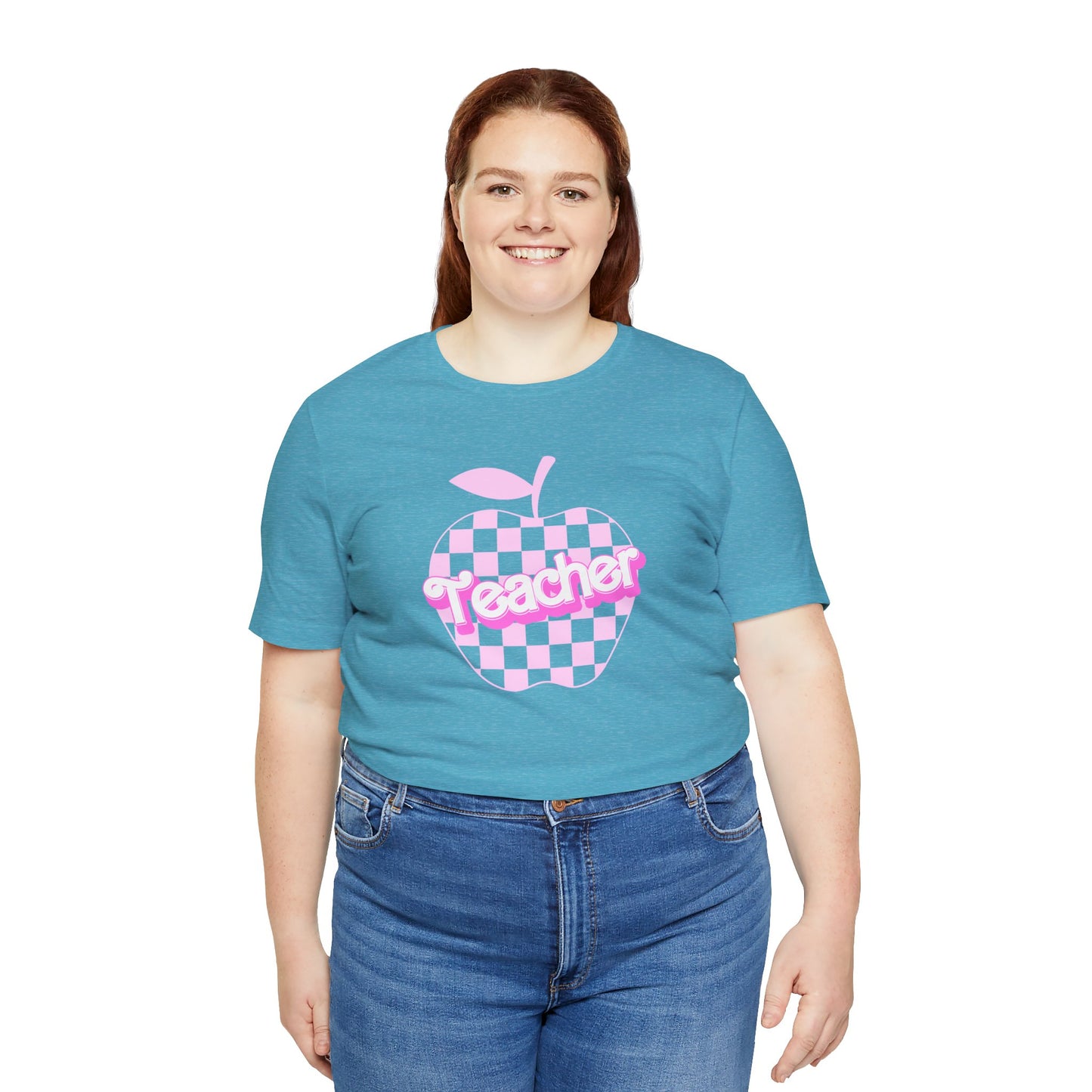 Checkered Apple Teacher Doll Font Tee