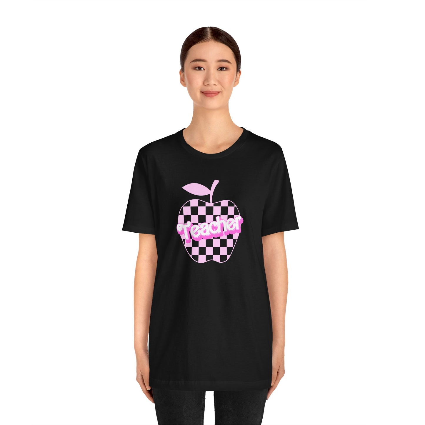 Checkered Apple Teacher Doll Font Tee