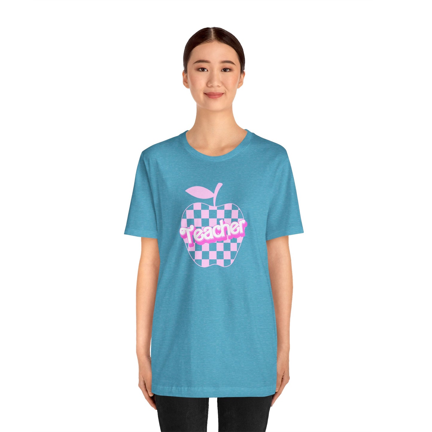 Checkered Apple Teacher Doll Font Tee