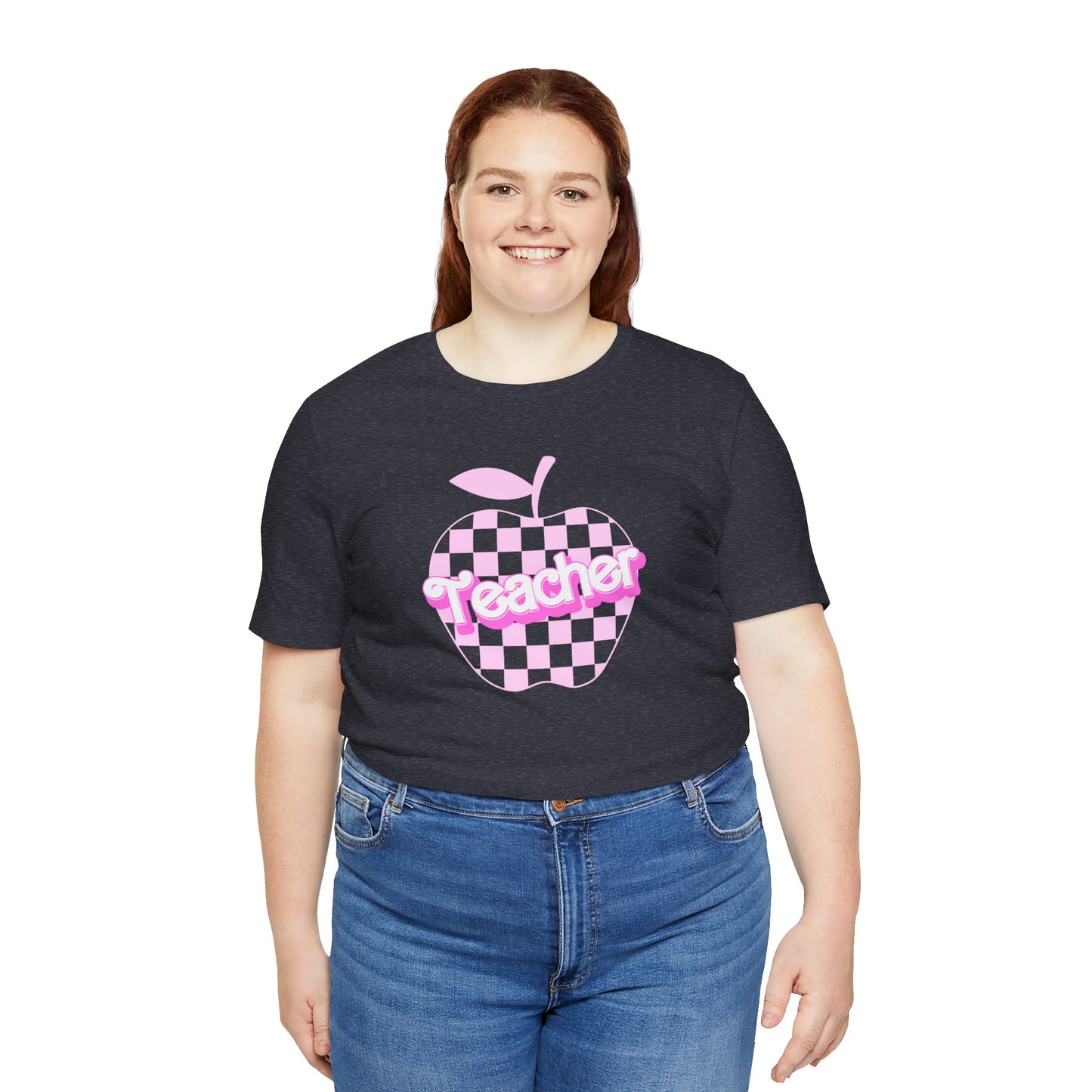 Checkered Apple Teacher Doll Font Tee