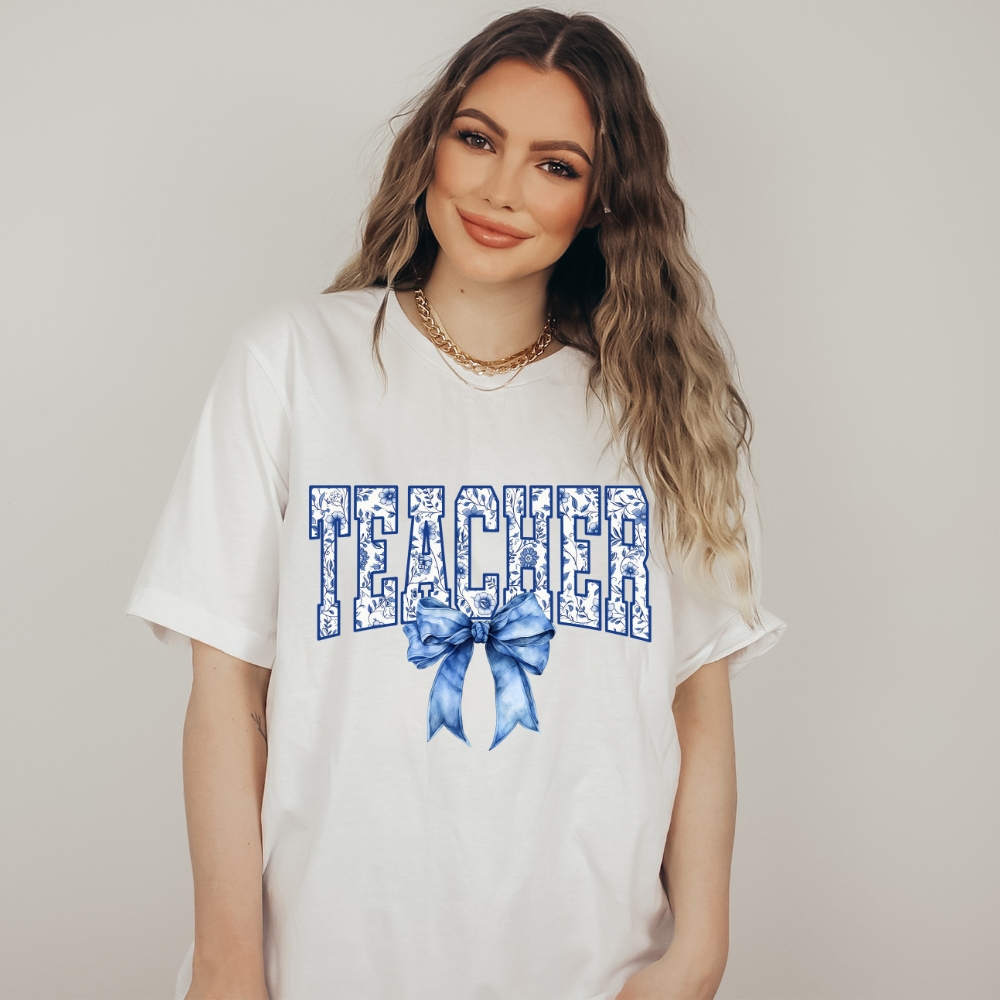 Teacher Coquette Blue Bow Tee