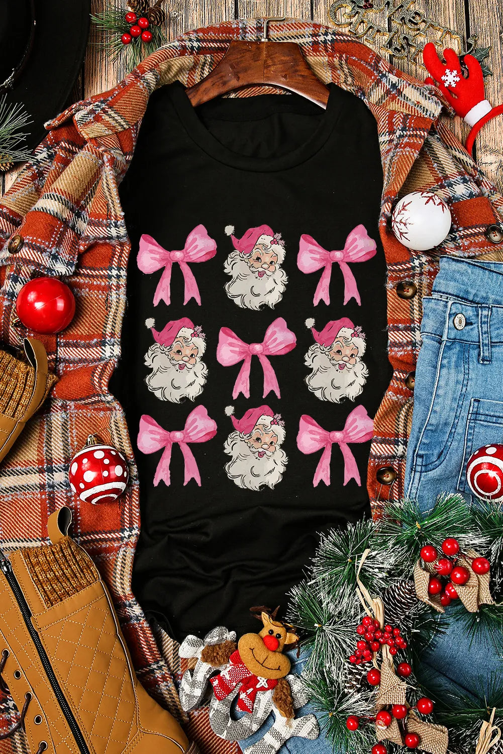 Pink Santa and Pink Bows Graphic Tee