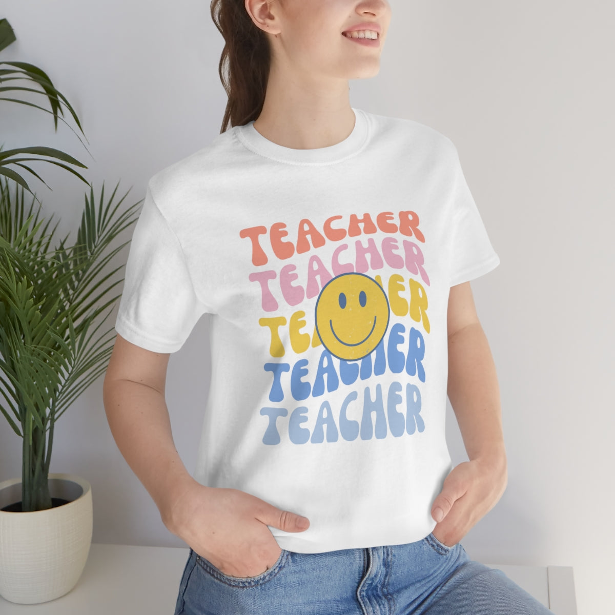 Happy Teacher Pastel Retro Print Unisex Jersey Short Sleeve Tee