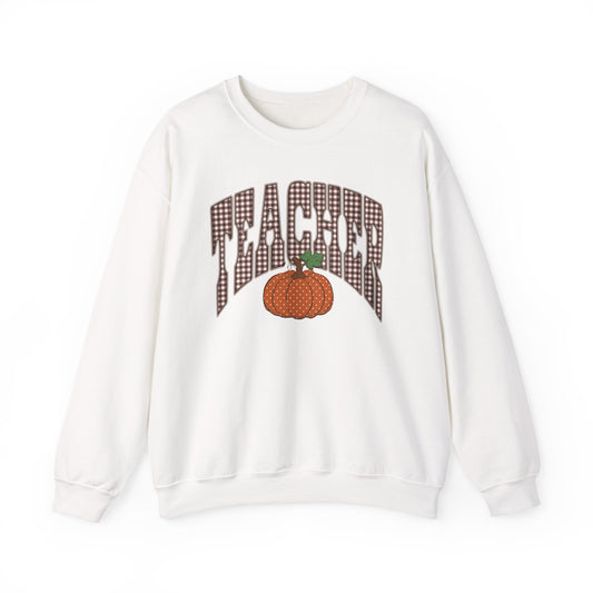Teacher Varsity Gingham Pumpkin Fall Sweatshirt