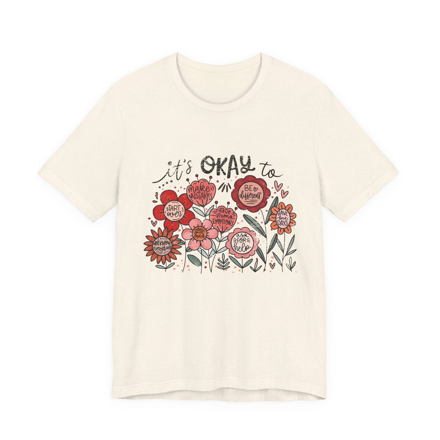 Beige t-shirt with red floral design and text on a white background
