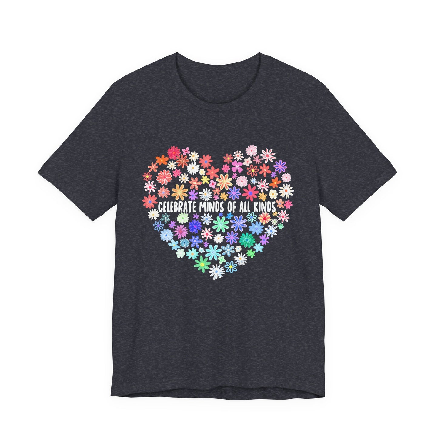 Dark navy blue t-shirt with colorful floral heart design and text on a white background