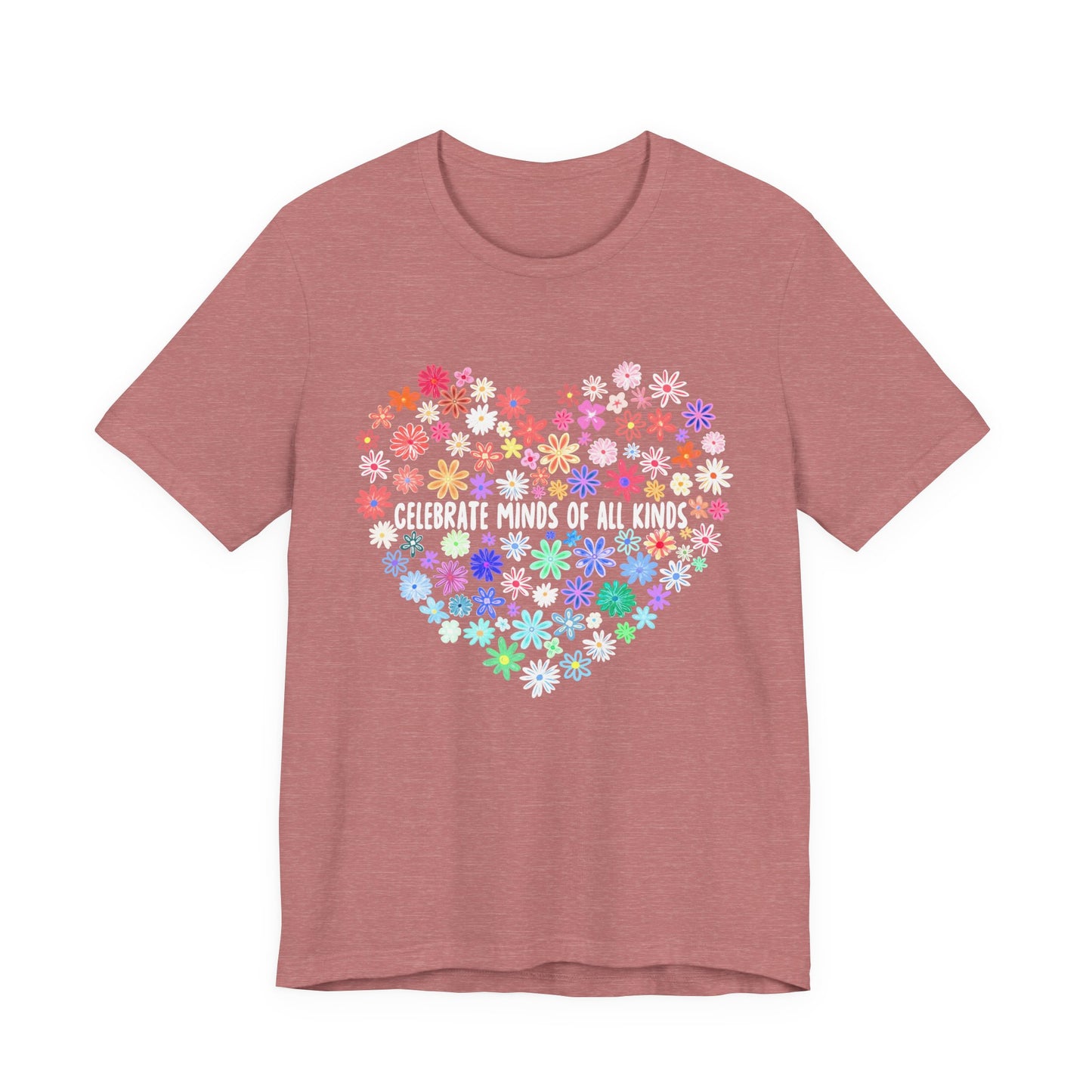 Pink t-shirt with a colorful heart design and text on a white background