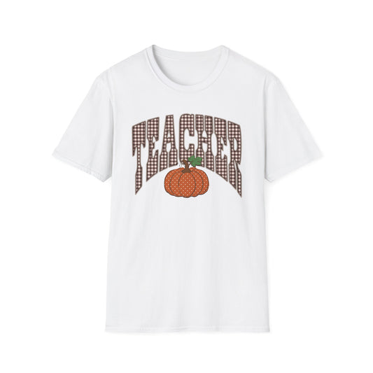 Teacher Varsity Gingham Pumpkin Fall Tee