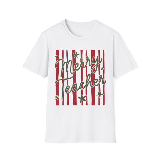 Merry Teacher Christmas Tee Retro Holiday Stripes