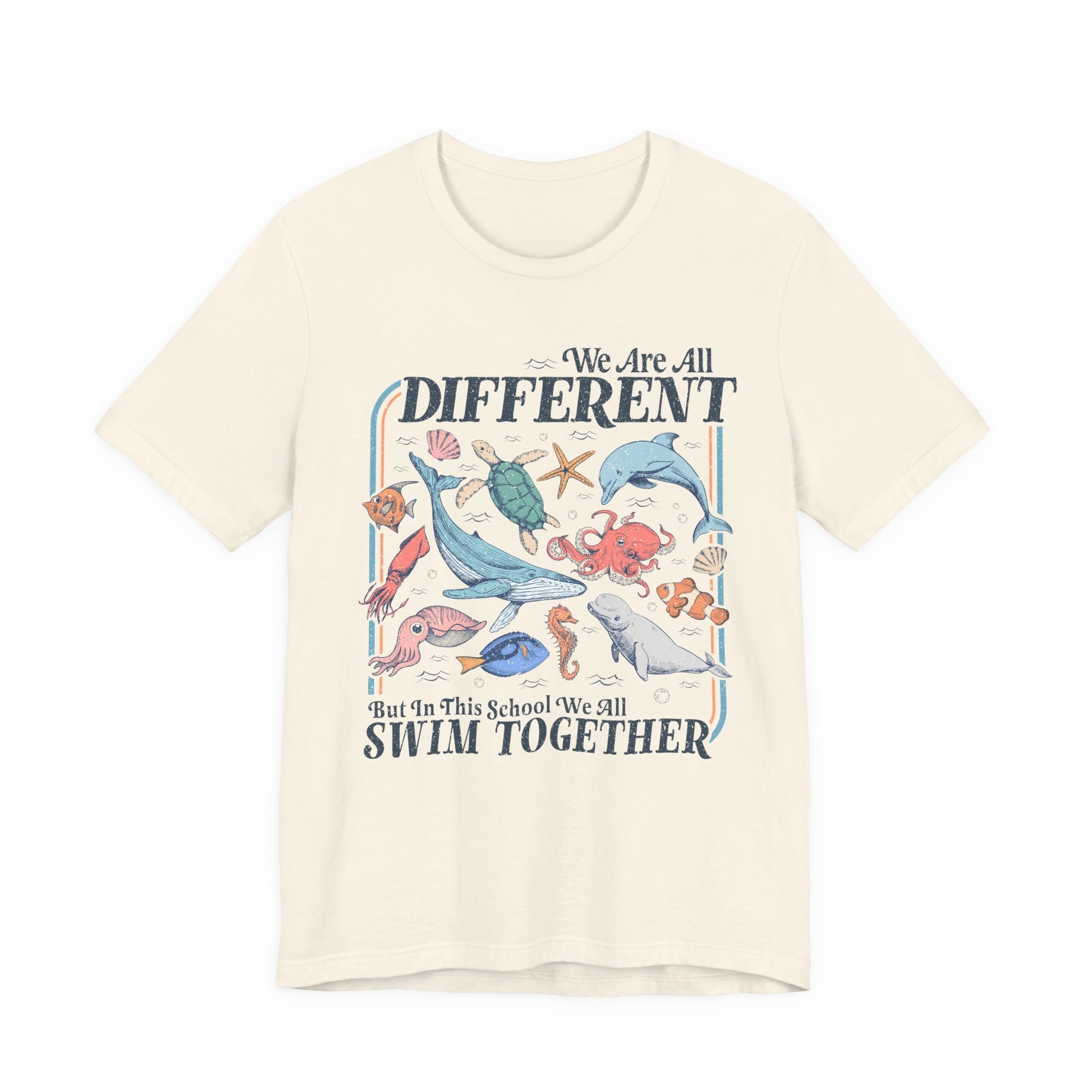 Beige t-shirt with colorful sea creature design and text on a white background