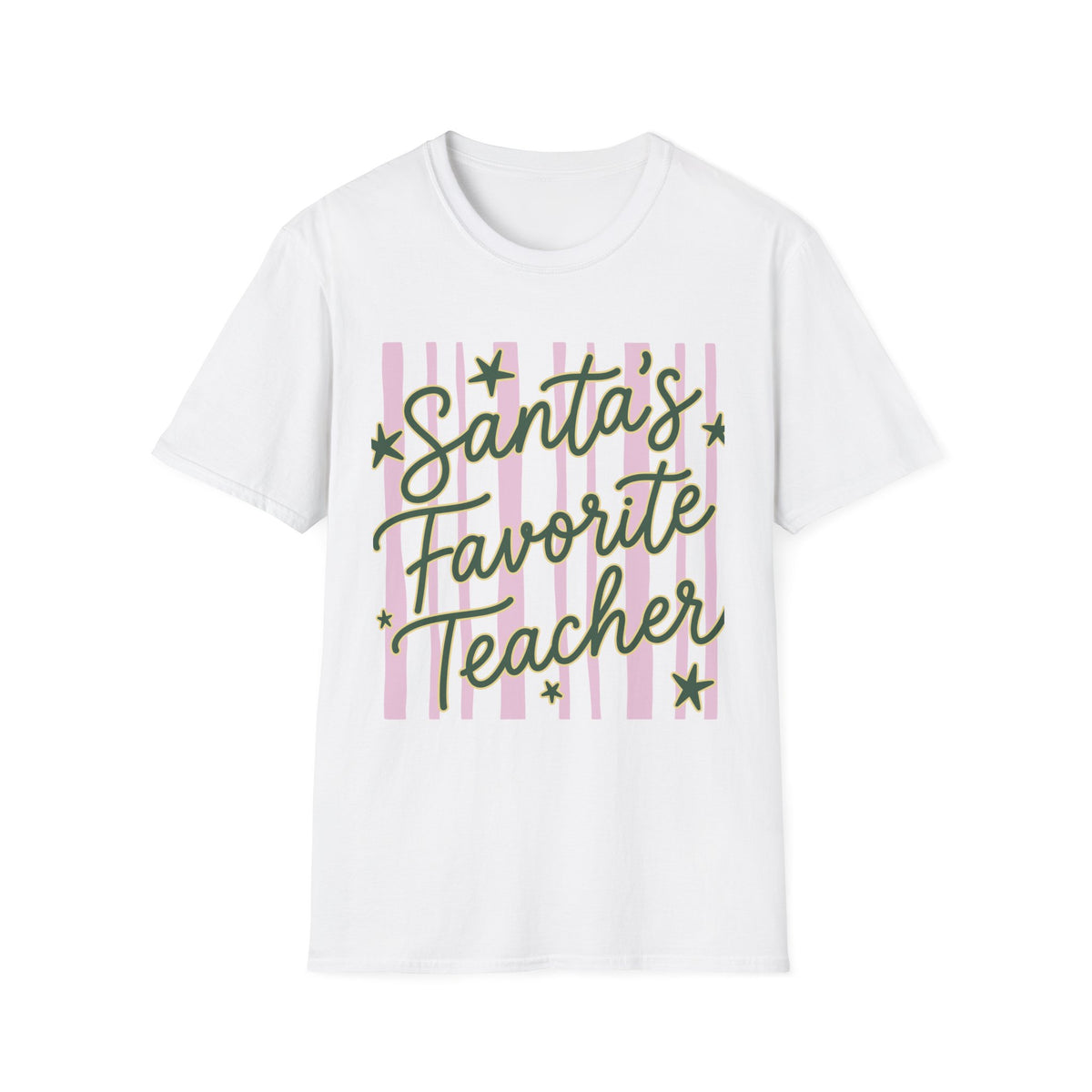 Santa’s Favorite Teacher Christmas Tee Retro Pink Stripes