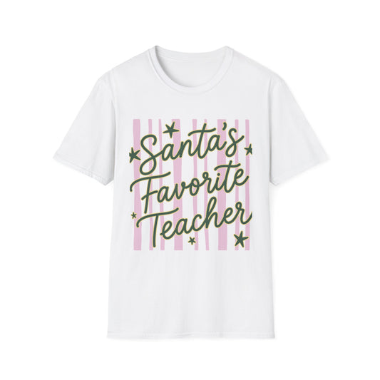 Santa’s Favorite Teacher Christmas Tee Retro Pink Stripes