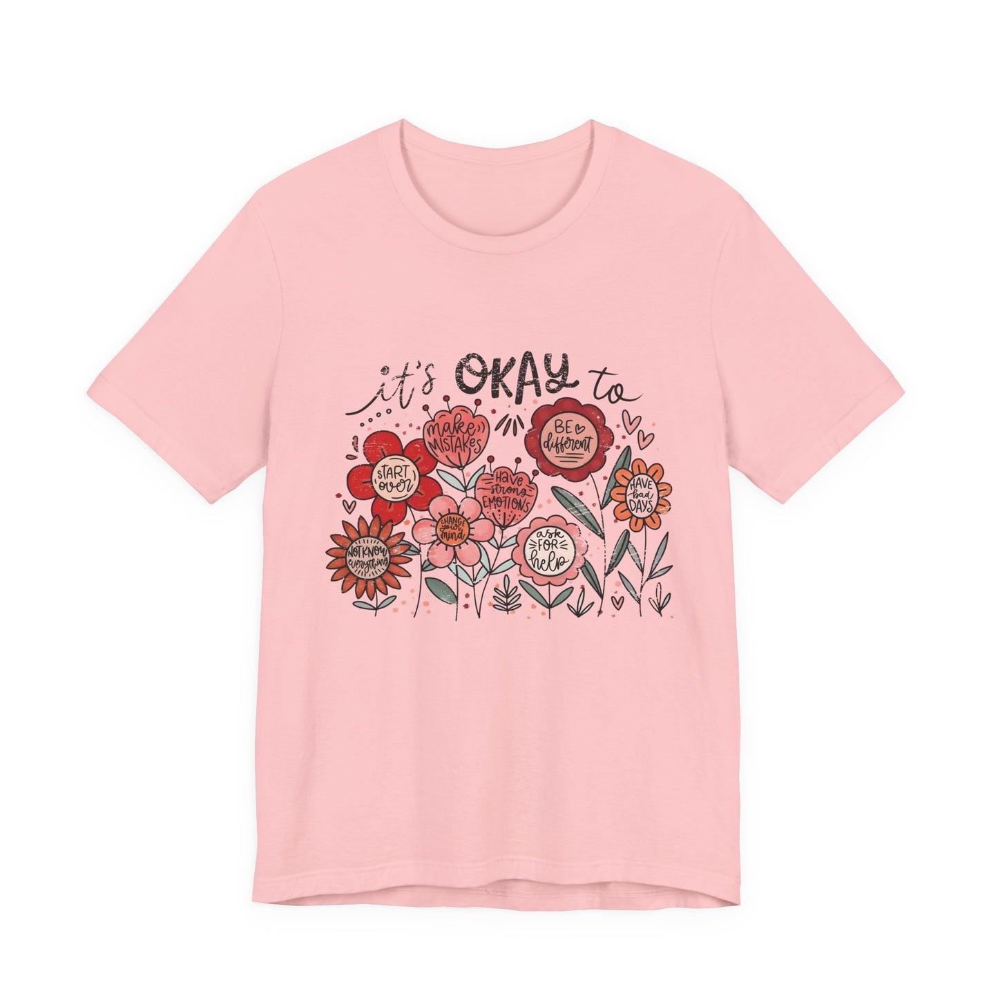 Pink t-shirt with floral design and text on a white background