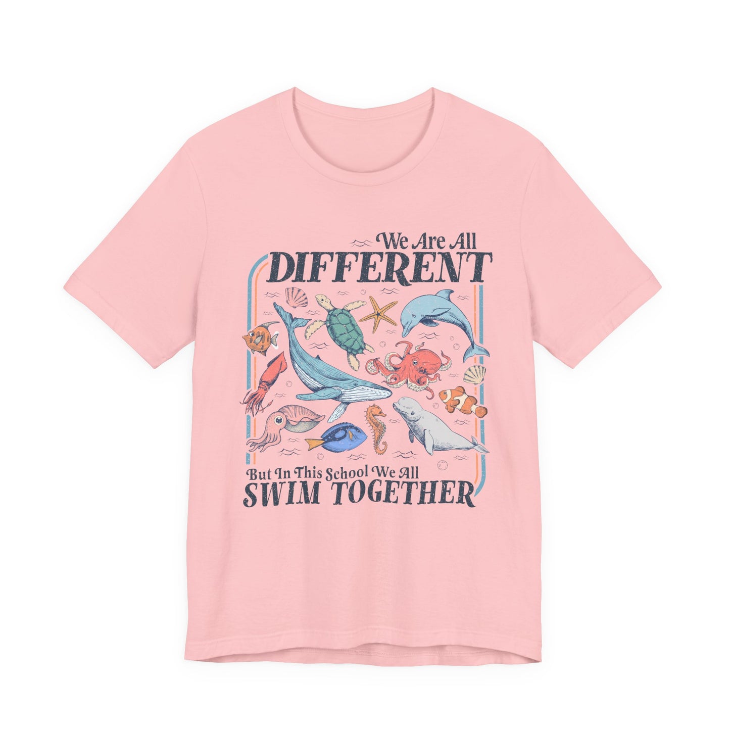 Pink t-shirt with sea creature design and text on a white background
