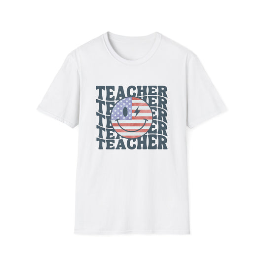 Teacher Smiley Retro USA Flag Tee