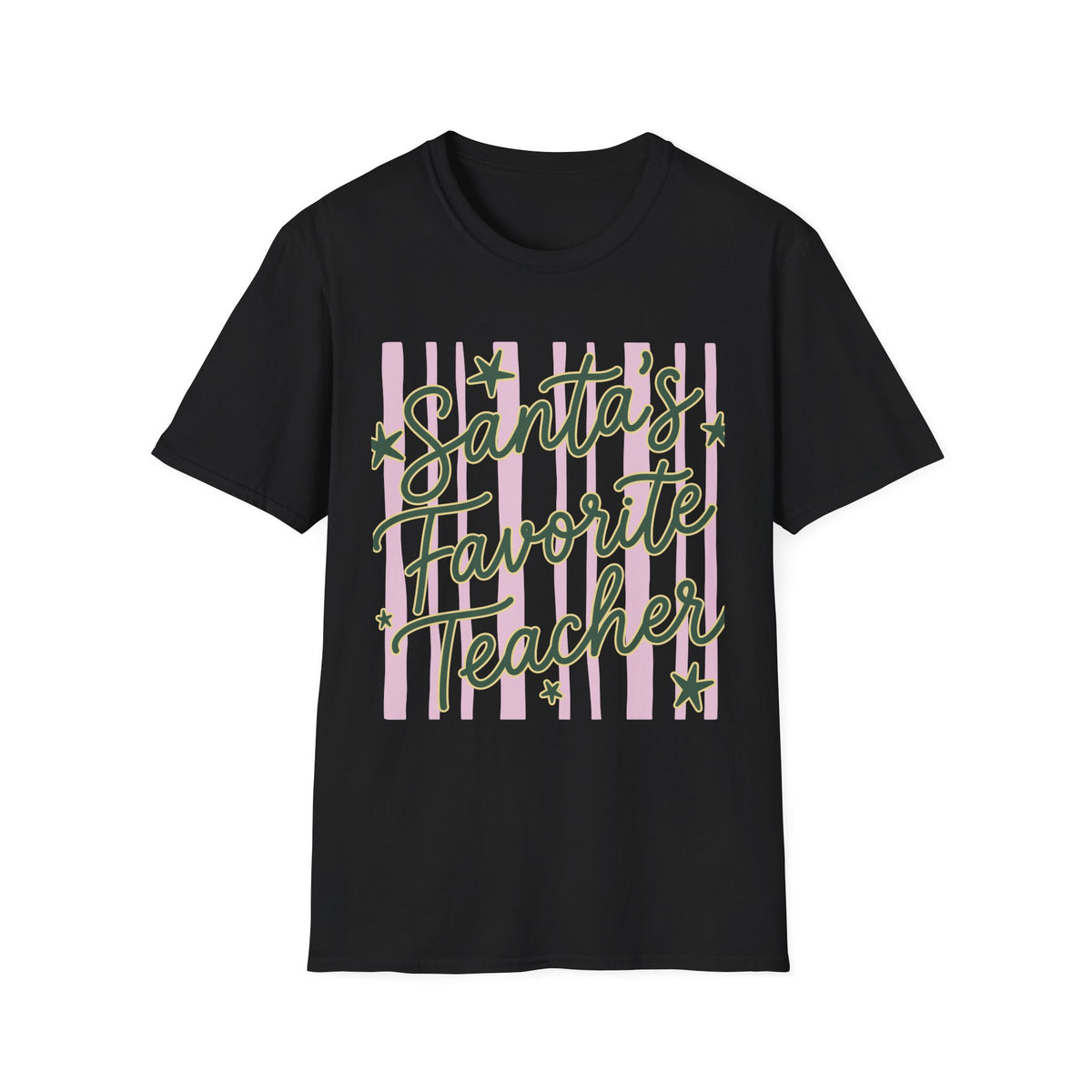 Santa’s Favorite Teacher Christmas Tee Retro Pink Stripes