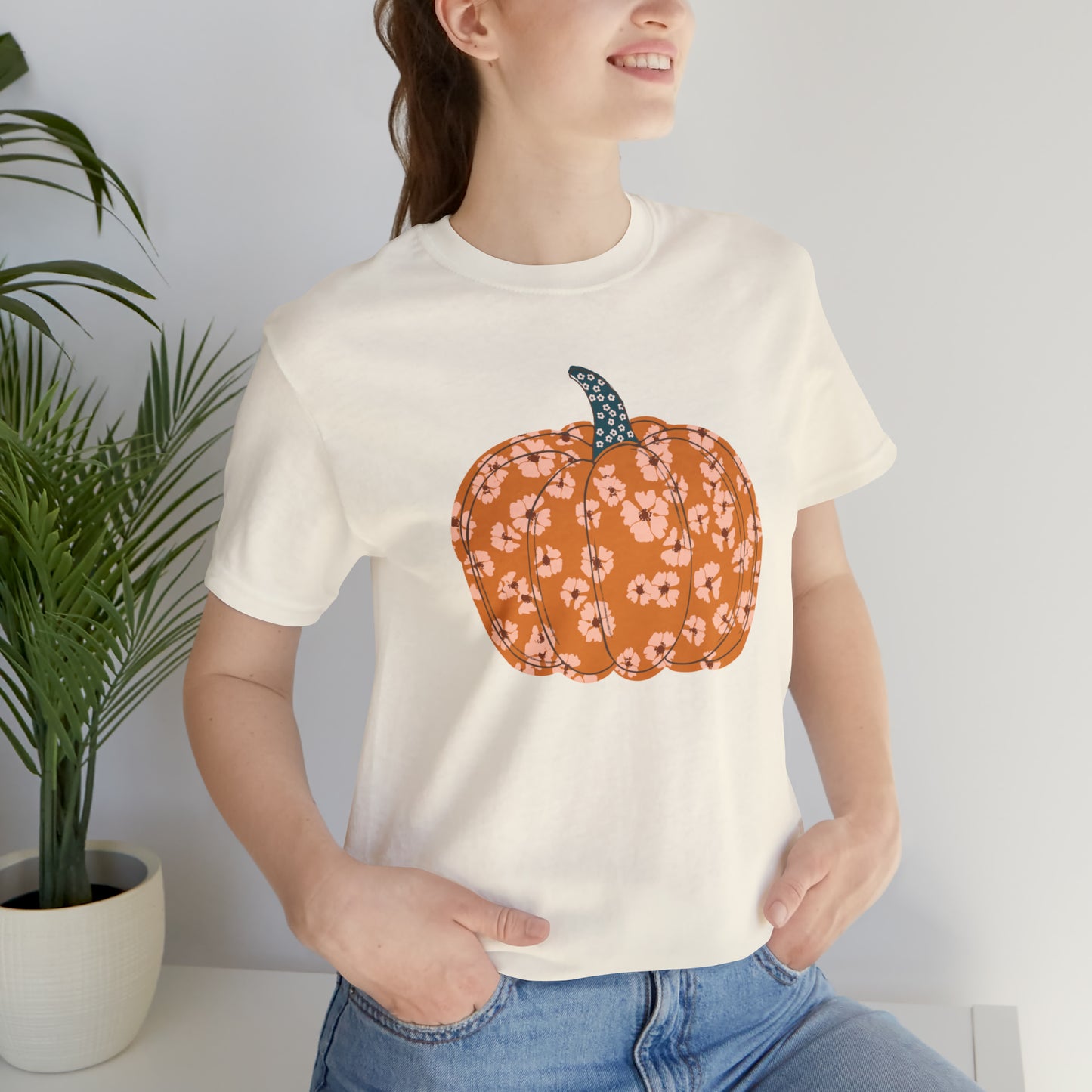 Pumpkin Retro Flower Unisex Jersey Short Sleeve Tee
