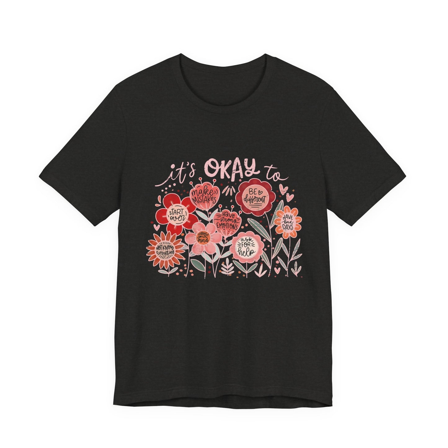 Black t-shirt with floral design and text on a white background