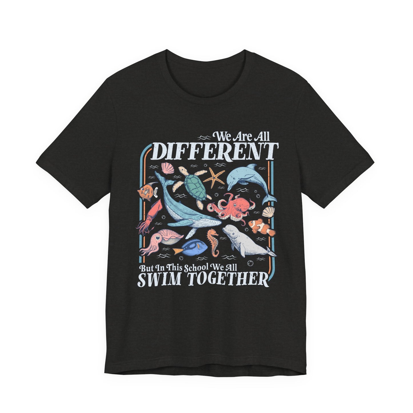 Black t-shirt with colorful sea creature graphic and text on a white background