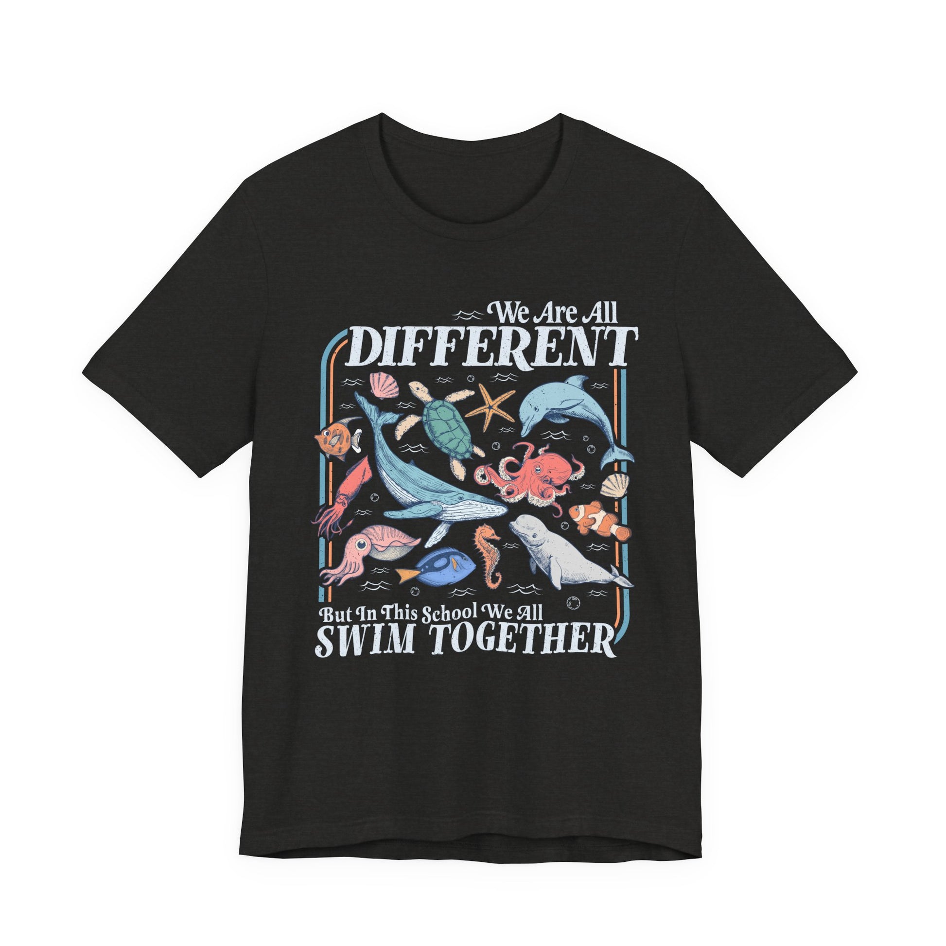 Black t-shirt with colorful sea creature graphic and text on a white background