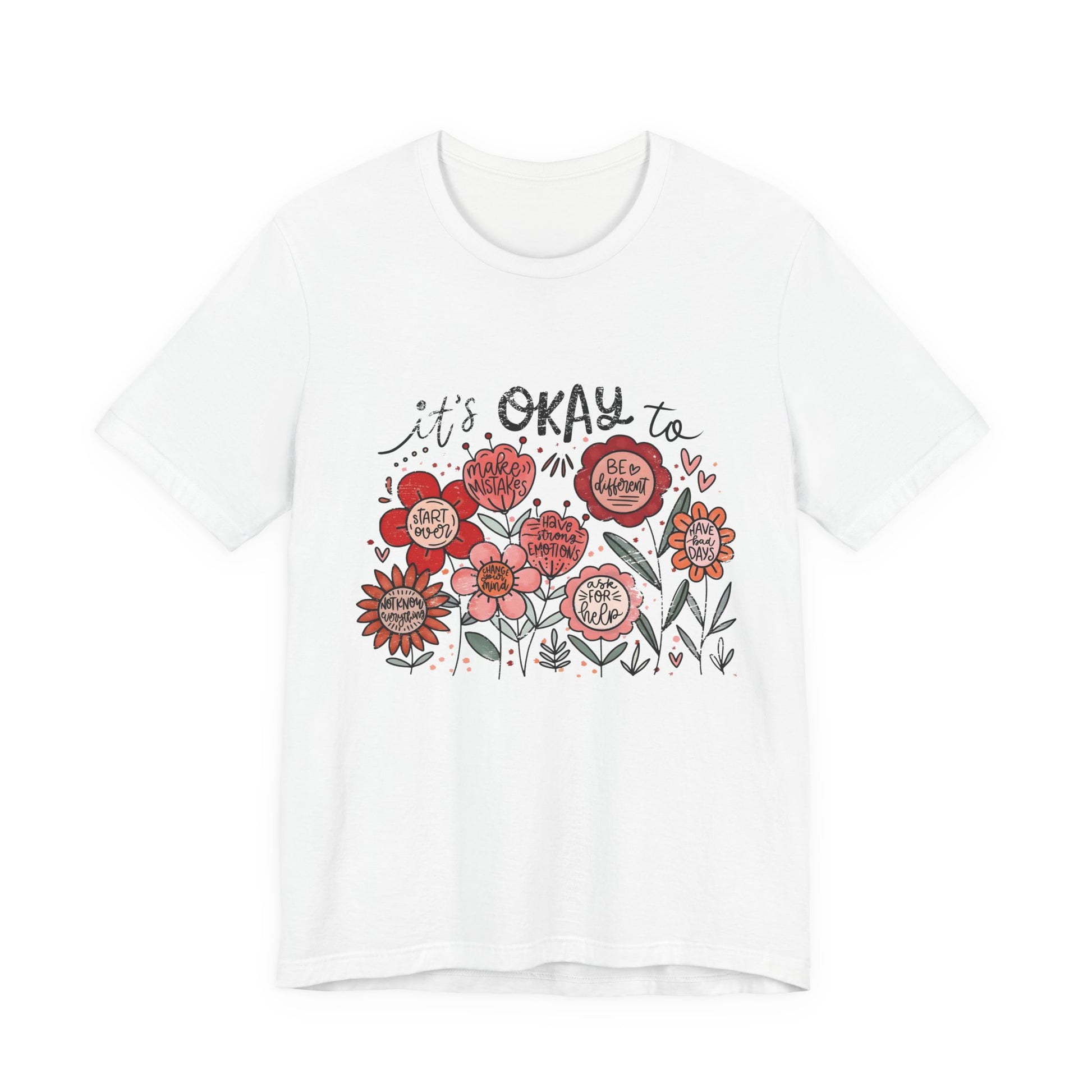 White t-shirt with red floral design and text on a white background