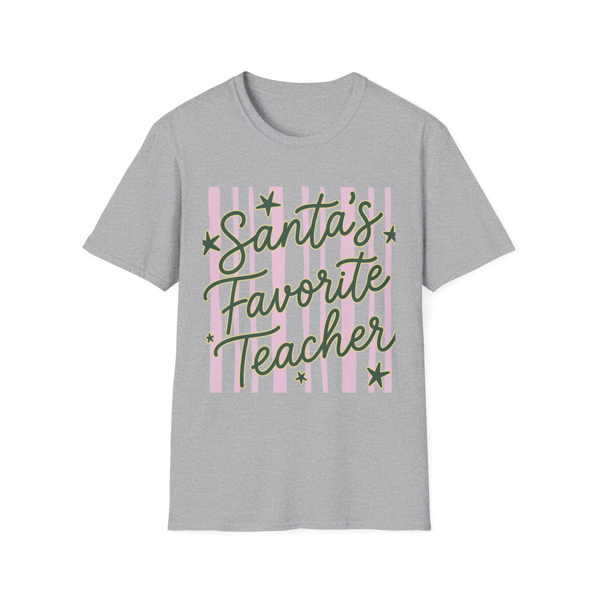 Santa’s Favorite Teacher Christmas Tee Retro Pink Stripes