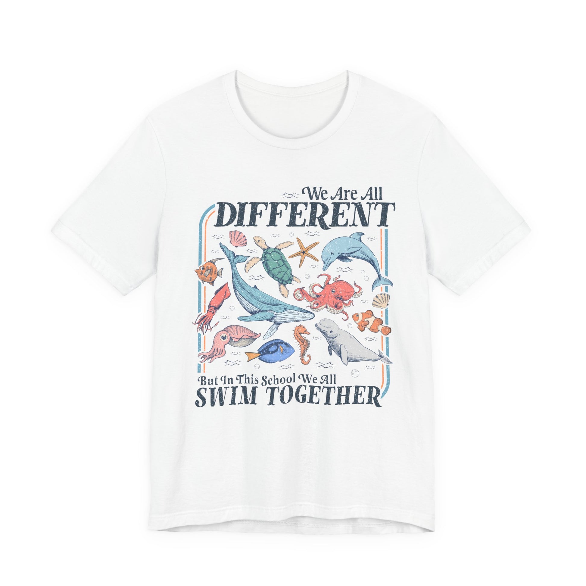White t-shirt with colorful sea creature design and text on a white background