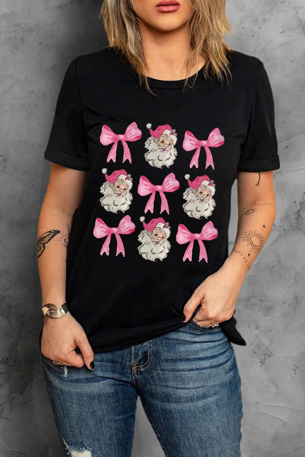 Pink Santa and Pink Bows Graphic Tee