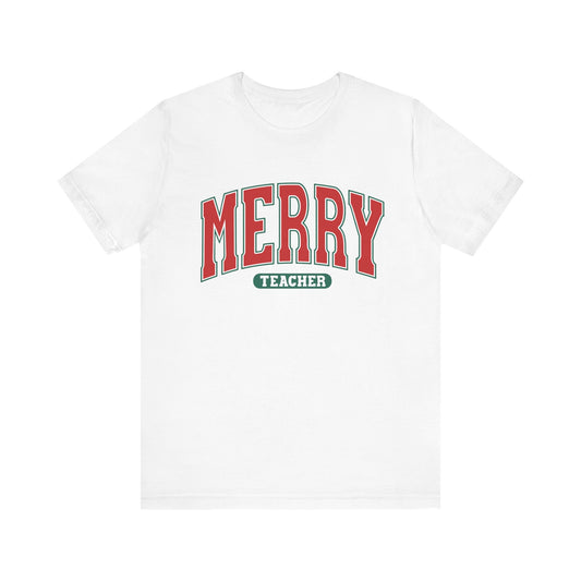 Merry Teacher Tee Red & Green Text