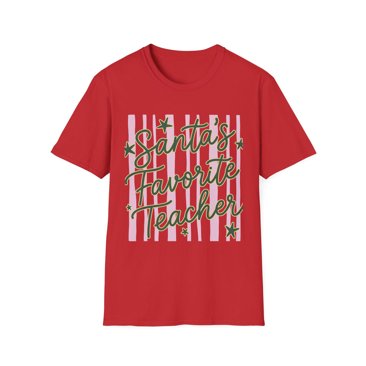 Santa’s Favorite Teacher Christmas Tee Retro Pink Stripes