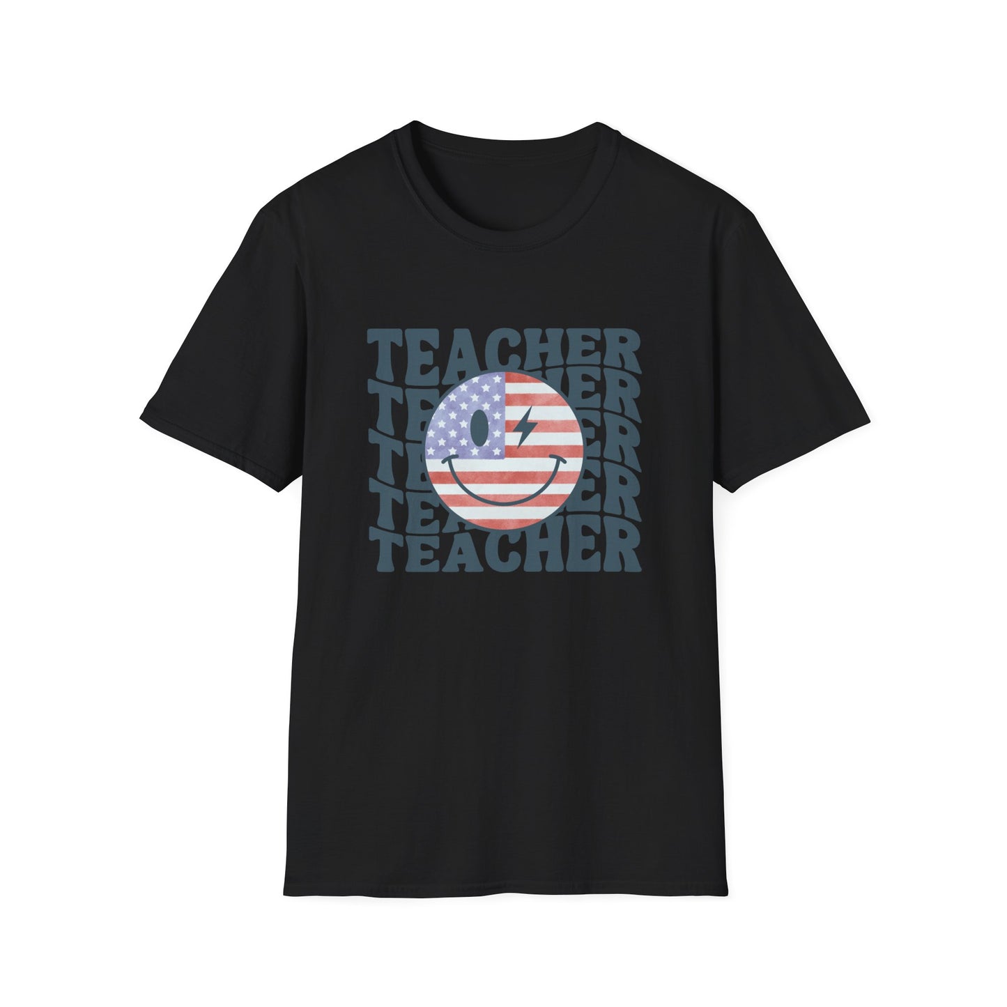 Teacher Smiley Retro USA Flag Tee