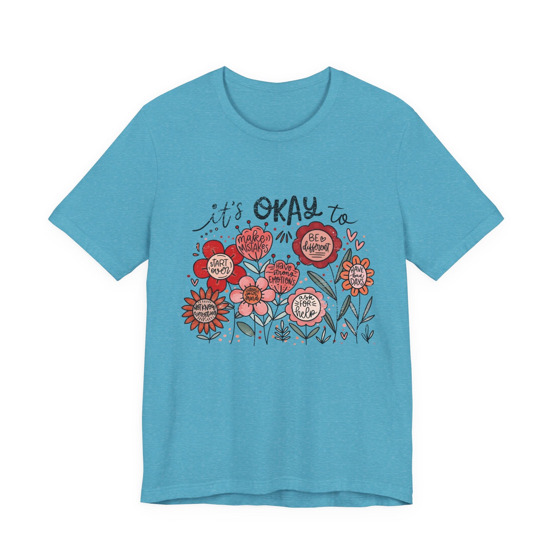 Blue t-shirt with floral design and text on a white background