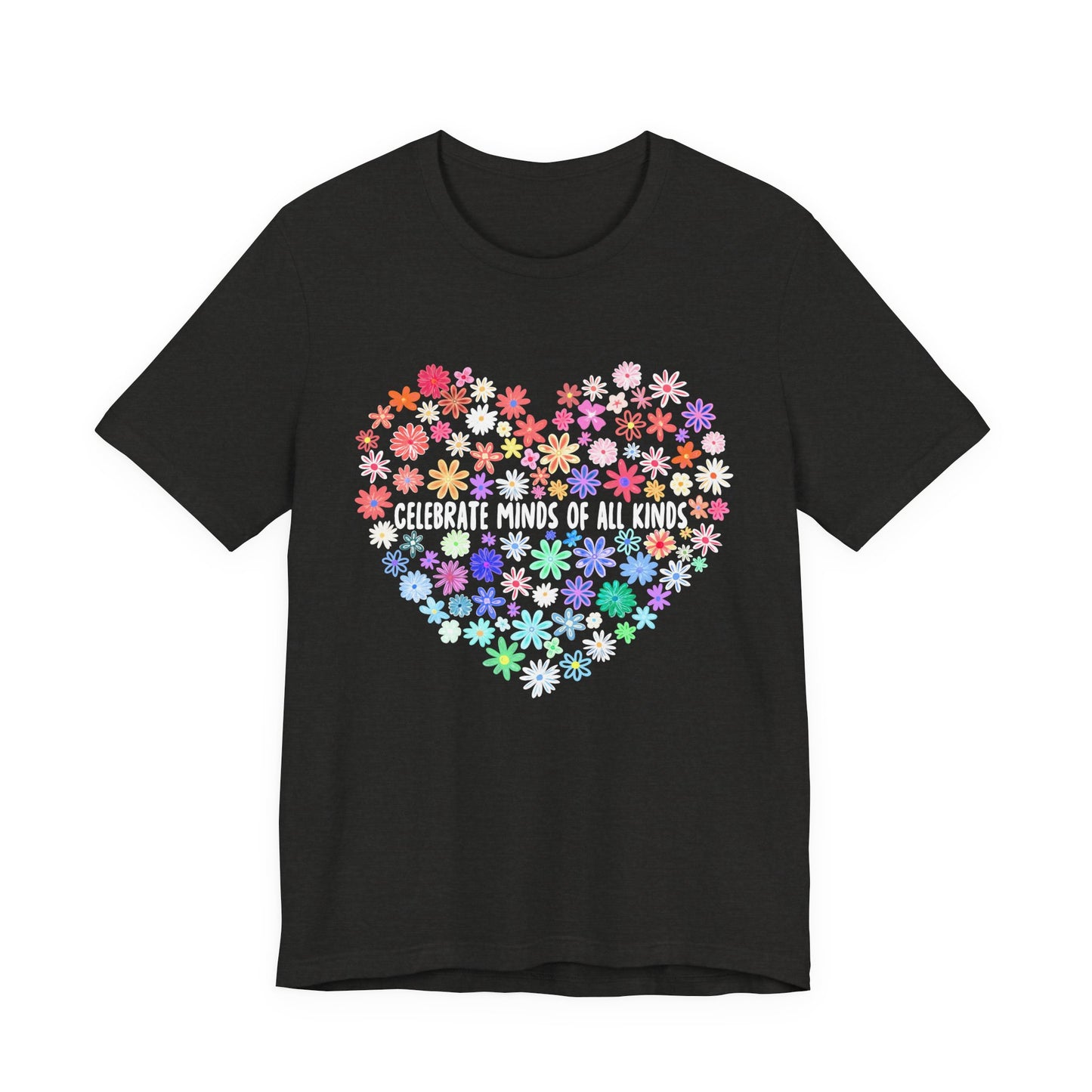 Black t-shirt with colorful floral heart design and text on a white background
