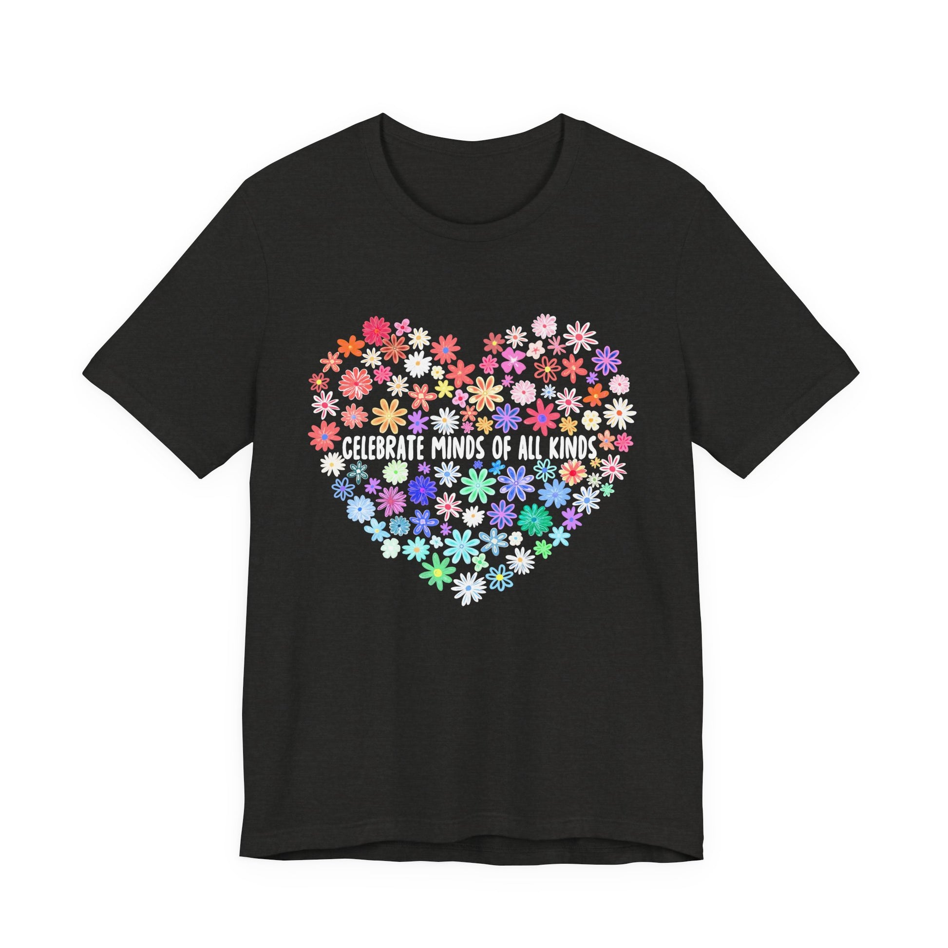 Black t-shirt with colorful floral heart design and text on a white background