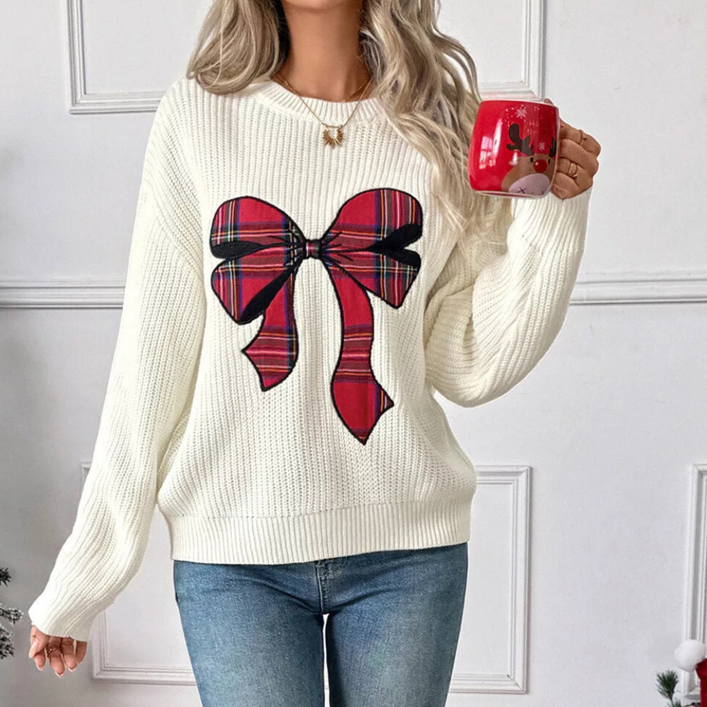 Plaid Bow Round Neck Sweater