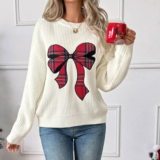 Plaid Bow Round Neck Sweater