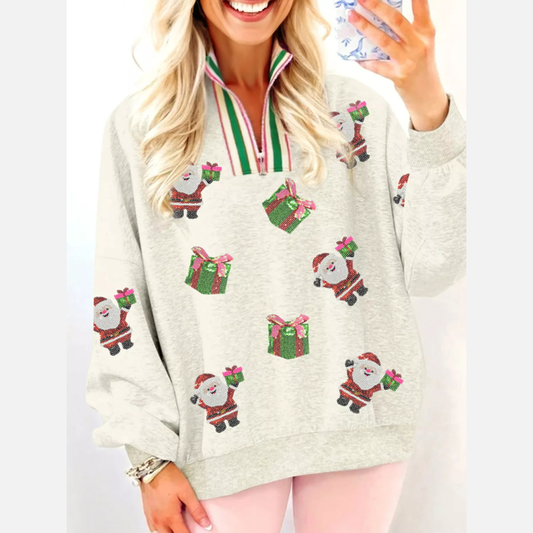 Santa Sequin Half Zip Sweatshirt