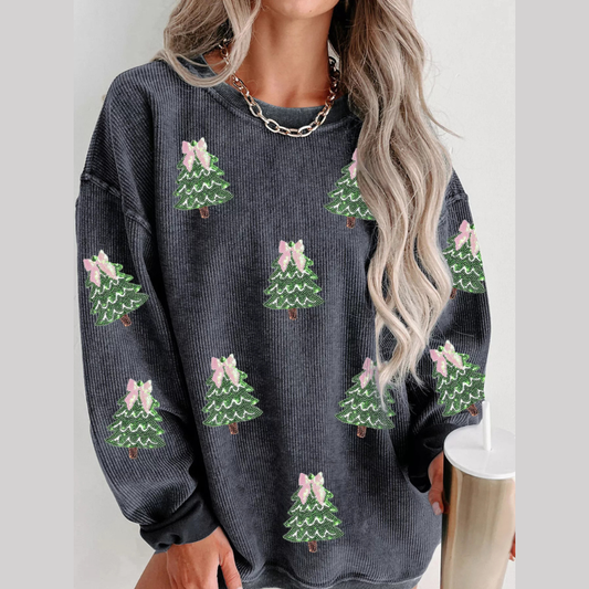 Christmas Tree Patched Ribbed Sweatshirt