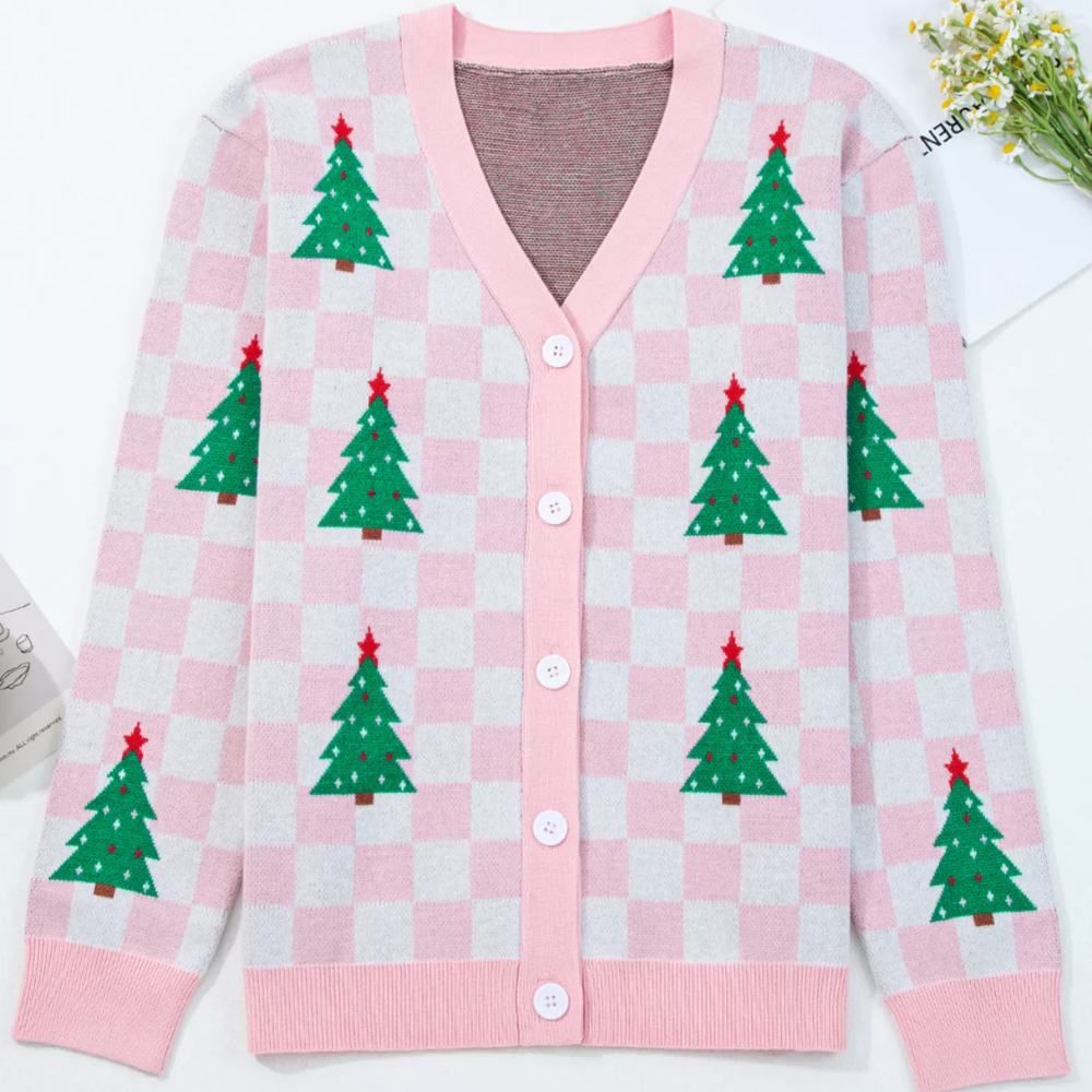 Christmas Tree Pattern Checkered Button V Neck Cardigan