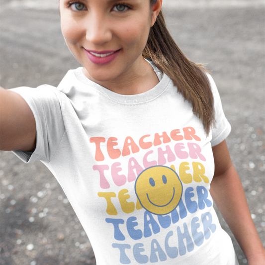 Happy Teacher Pastel Retro Print Unisex Jersey Short Sleeve Tee