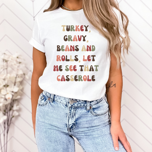 Turkey, Gravy, Beans and Rolls, Let Me See That Casserole Unisex Jersey Short Sleeve Tee