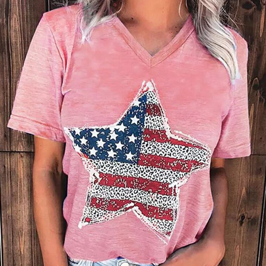 US Flag Star Pink Tee with Leopard Print
