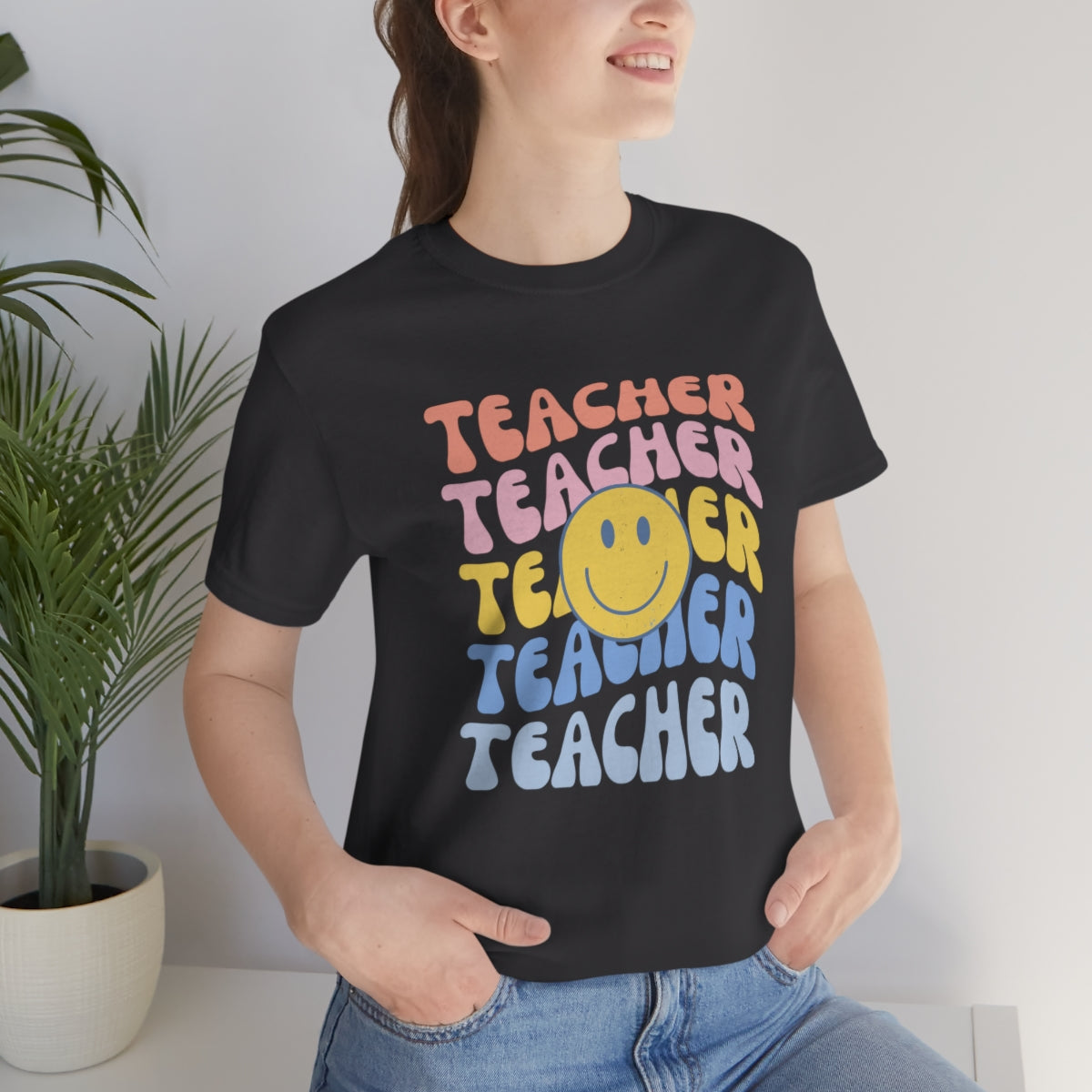 Happy Teacher Pastel Retro Print Unisex Jersey Short Sleeve Tee