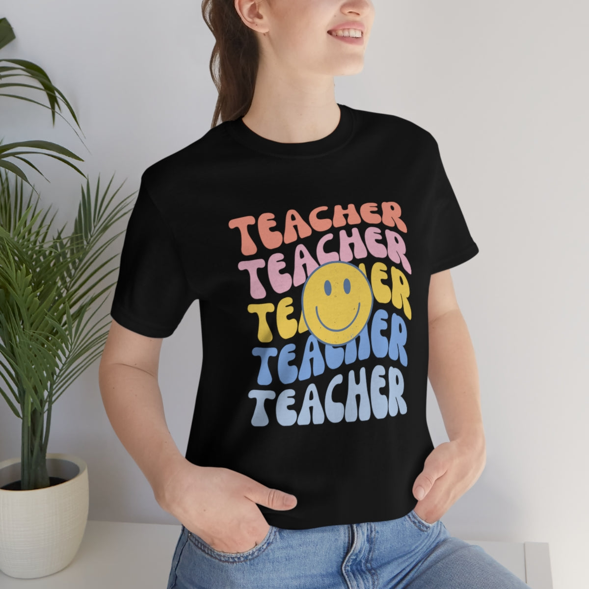 Happy Teacher Pastel Retro Print Unisex Jersey Short Sleeve Tee