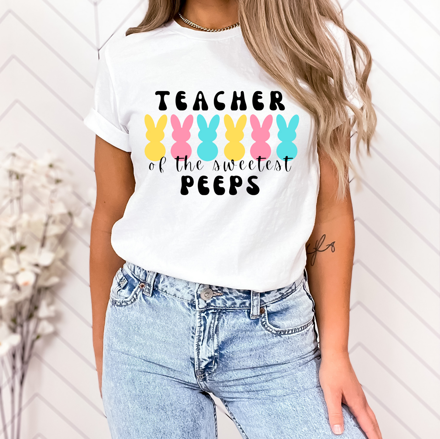 Teacher of the Sweetest Peeps Black Lettering Tee