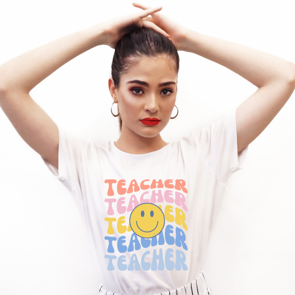 Happy Teacher Pastel Retro Print Unisex Jersey Short Sleeve Tee