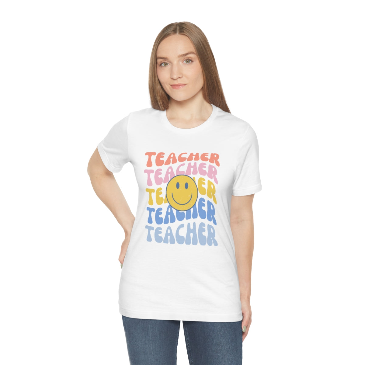Happy Teacher Pastel Retro Print Unisex Jersey Short Sleeve Tee